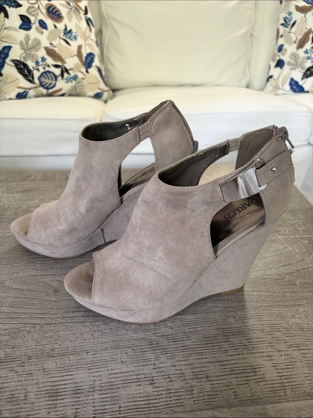 Carlos by Carlos Santana Taupe Suede Peep-Toe Wedge Sandals